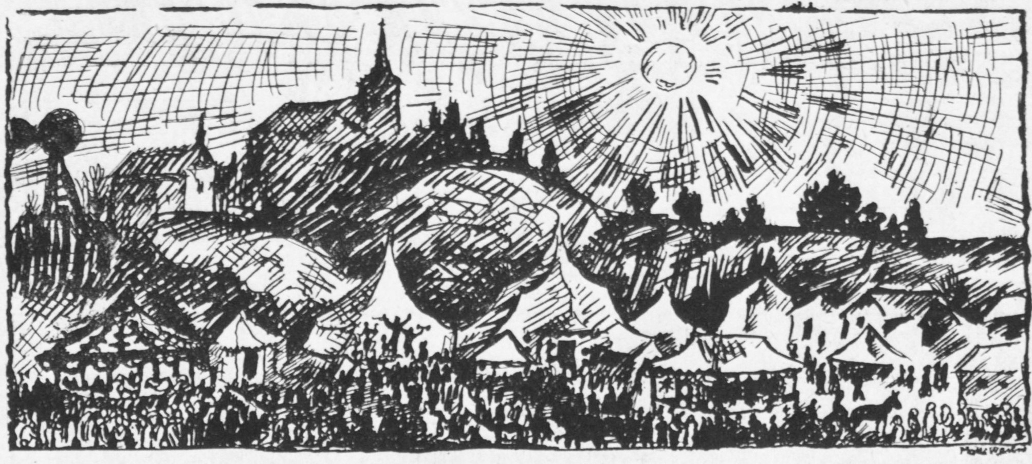 Matti Eliel Warénin piirros Salon markkinoista Markkinatorilla vuodelta 1920