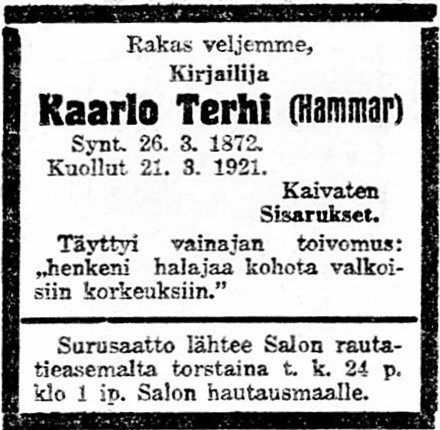 Kaarlo Terhin kuolinilmoitus Helsingin Sanomissa 22.3.1921
